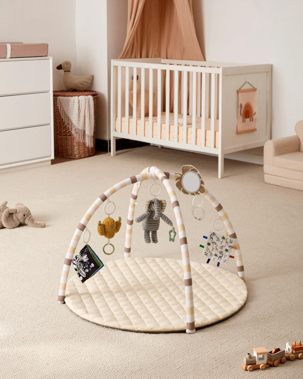 Blissful Diary Baby Play Gym Mat, Tummy Time Activity Mat with 6 Detachable Toys for Stage-Based Sensory & Motor Skill Development, Easy to Install & Clean, Baby Essentials Gift, Sandy Beige