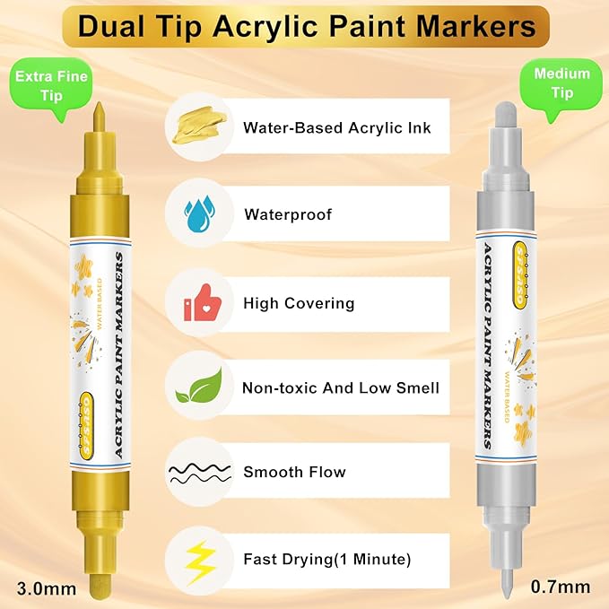 Acrylic Paint Marker Pens - 4 Pack Dual Tip Permanent Markers (0.7mm & 3mm) Water-Based Ink Pens for Rock Painting, Canvas, Ceramic, Glass, Wood, Plastic, DIY Crafts (Black/White/Gold/Silver)