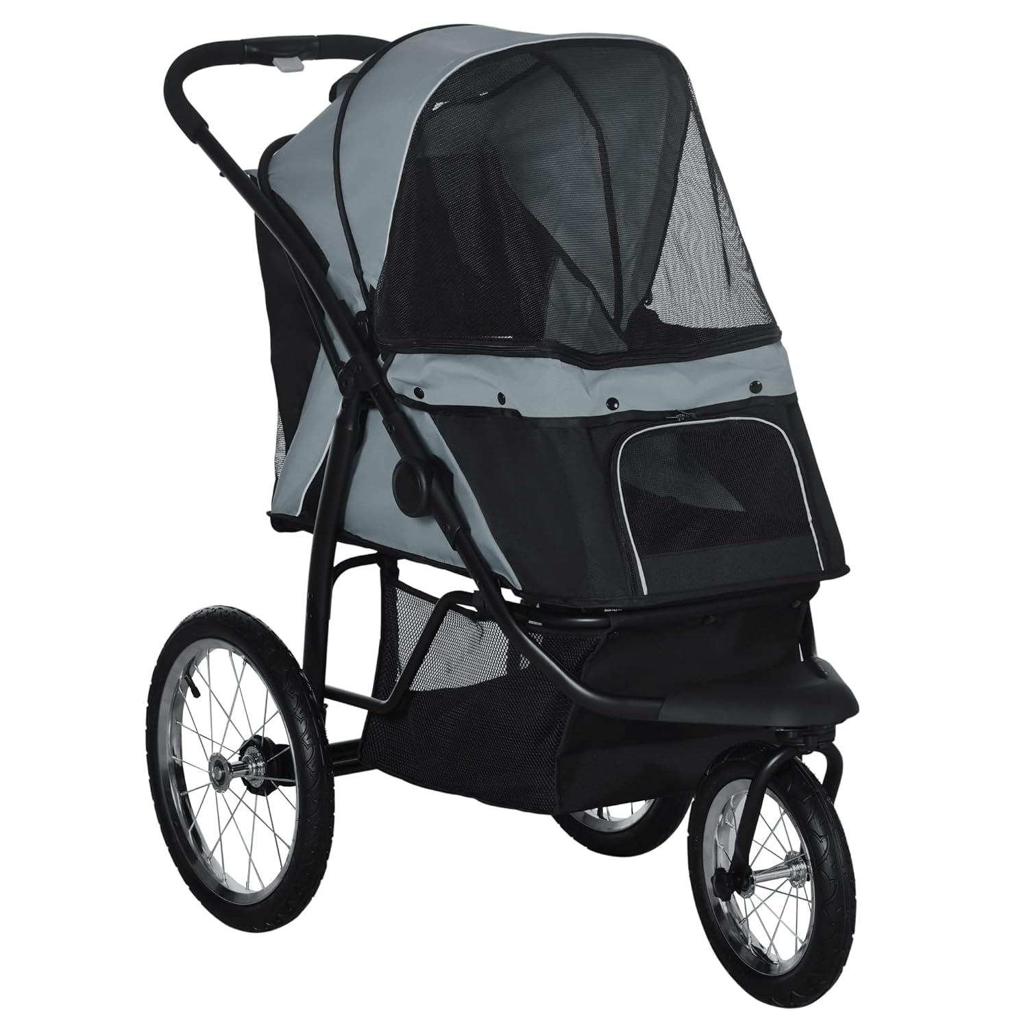 PawHut 3 Wheels Pet Stroller for Small and Medium Dogs, Foldable Cat Stroller Jogger with Adjustable Canopy, Safety Tether, Cushion, Storage Basket, Gray