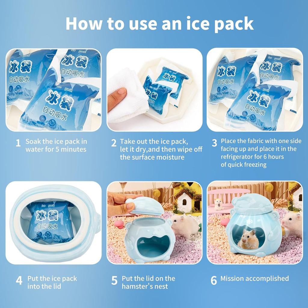 3-in-1 Bear Shaped Ceramic Hamster House - Cool House for Syrian Dwarf Hamsters, Mice, Gerbils， Small Pets, Top for Hamster Food, Removable Lid for Ice Packs, Cute Cool Hideout for Summer（Blue）