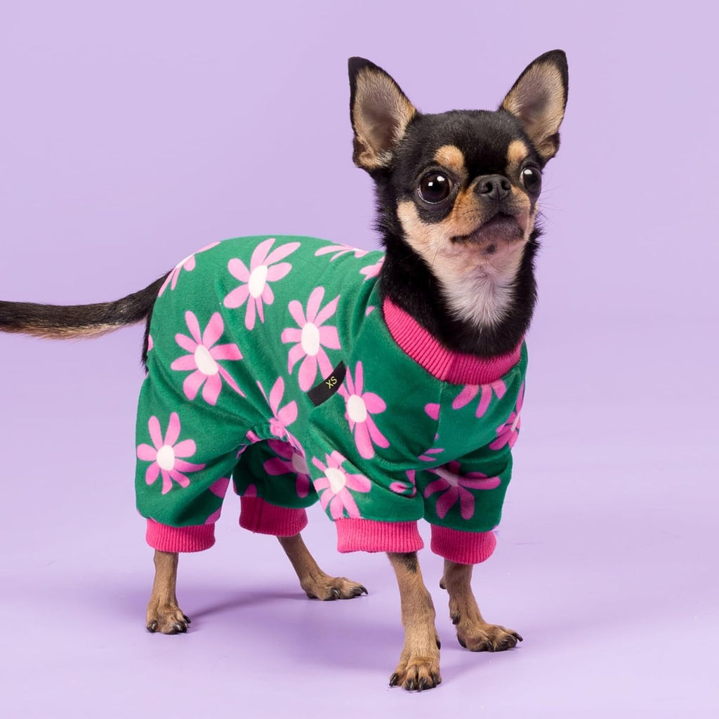Fitwarm Flower Fleece Dog Pajamas, Warm Winter Dog Clothes for Small Dogs Girl, Cozy Pet Onesie with Feet, Dark Green, Small