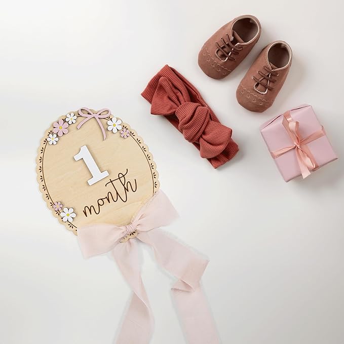 Baby Monthly Milestone Wooden Sign with Numbers and Stand – Natural Wood Milestone Board for Newborn Monthly Growth Photos – Cute 3D Flowers Photo Prop for Baby Milestone Memories (Light Pink Ribbon)
