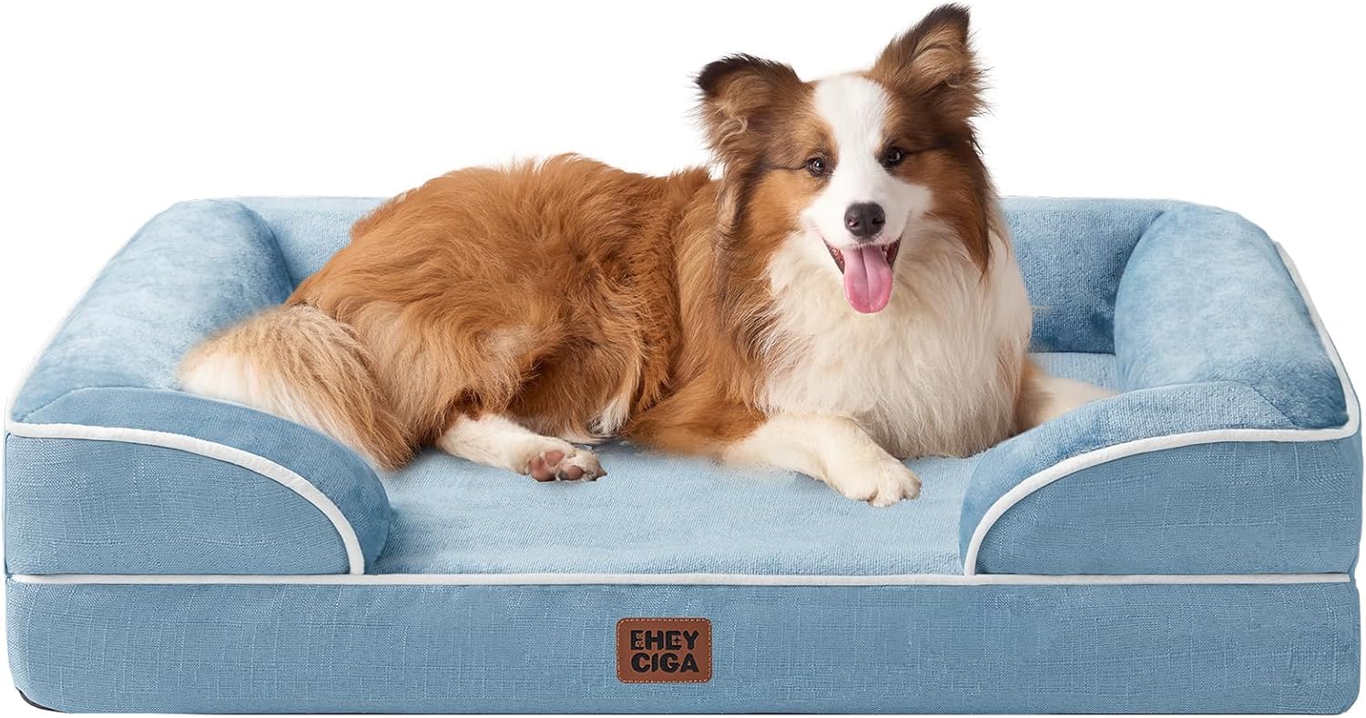 EHEYCIGA Orthopedic Dog Beds for Large Dogs, Waterproof Memory Foam Large Dog Bed with Sides, Non-Slip Bottom and Egg-Crate Foam Pet Couch Bed with Washable Removable Cover, Washed Blue