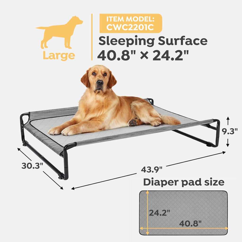 Veehoo Original Outdoor Elevated Dog Bed, Cooling Raised Dog Cot for Large Dogs, Portable Standing Pet Hammock Platform with Washable Breathable Mesh, No-Slip Feet, 43" x 30", Black Silver