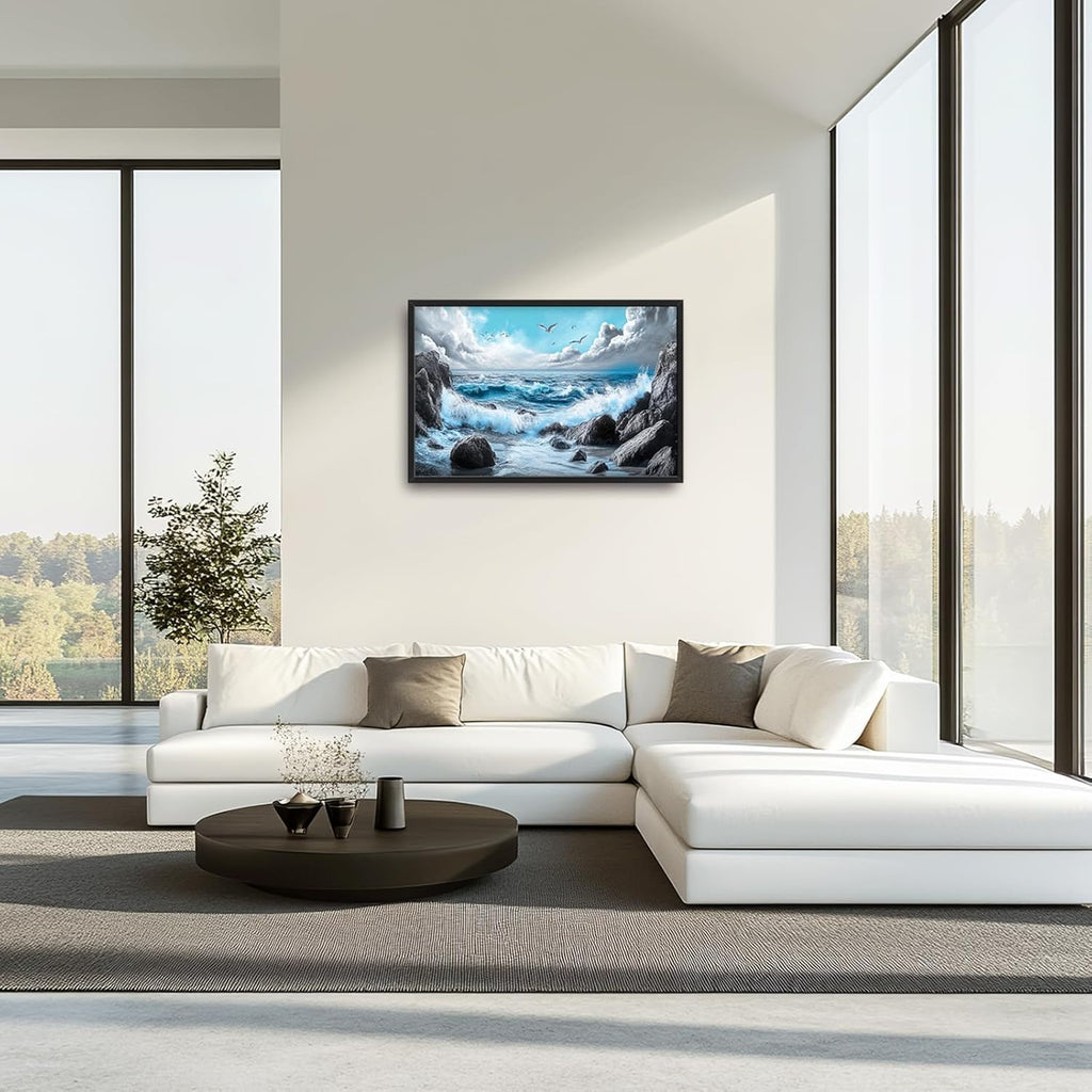 Extra Large Framed Abstract Sea Ocean Wall Art,Black and White Wall Decor, Coastal Seashore Pictures for Living Room,Canvas Print Painting Modern Artwork Bedroom Office Bathroom 36L x 24W