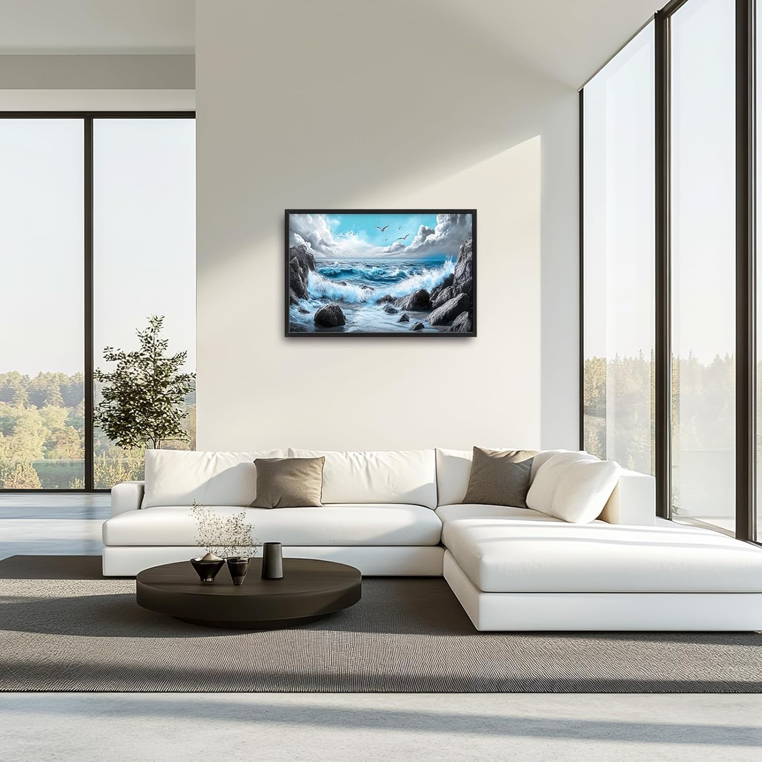 Extra Large Framed Abstract Sea Ocean Wall Art,Black and White Wall Decor, Coastal Seashore Pictures for Living Room,Canvas Print Painting Modern Artwork Bedroom Office Bathroom 36L x 24W