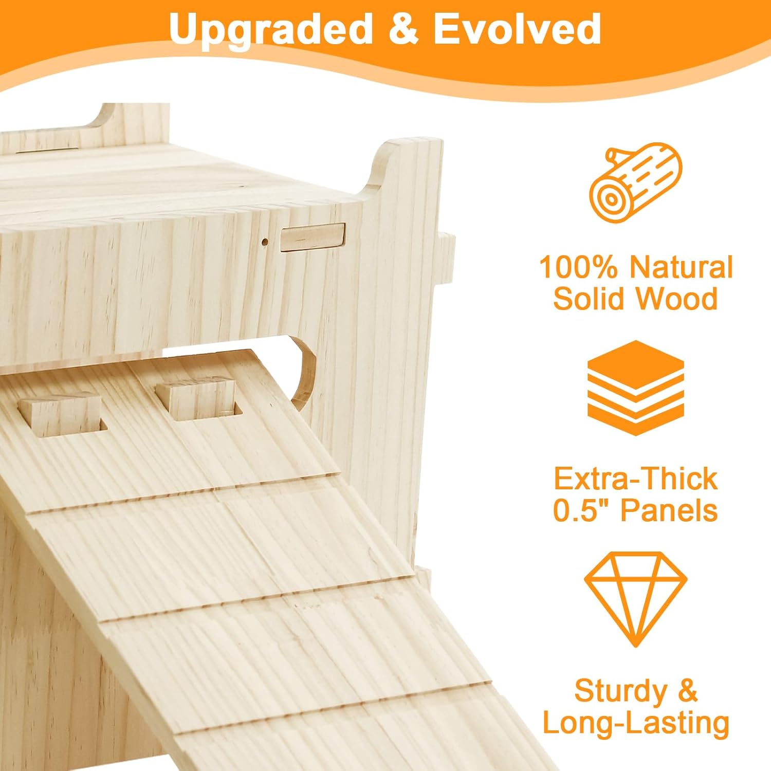 Natural Wooden Rabbit Castle House,Extra Large Hideout for Rabbit Guinea Pig Chinchilla Ferret,Sturdy Bunny House with Stair