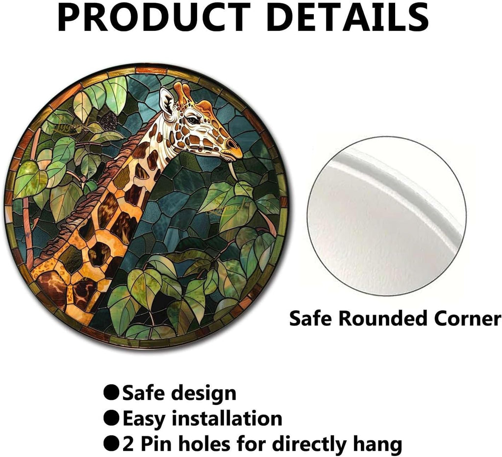 Lygond Metal Sign Tin Sign Circular Stained Glass Giraffe Funny Sign for Patio 12×12 Inches