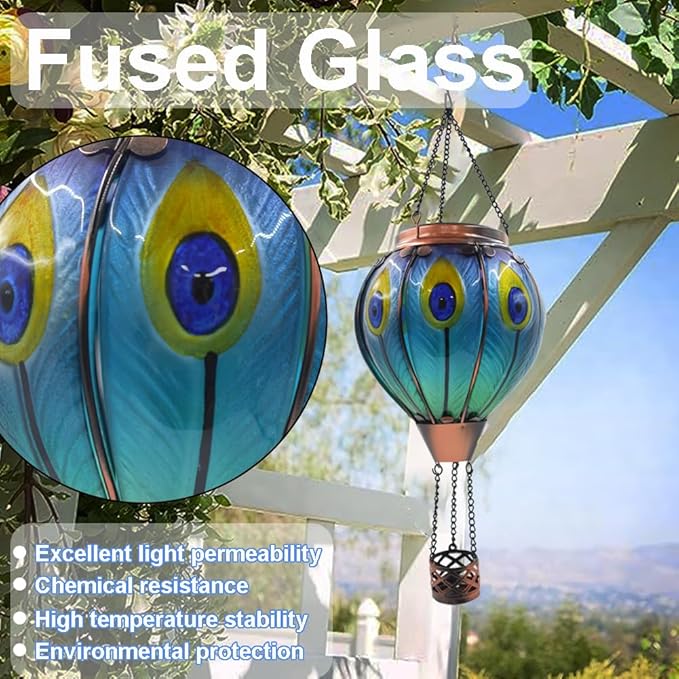 Solar Hot Air Balloon Lanterns with Flame with Shepherd's Hooks, Glass Hanging Flickering Lights Outdoor Waterproof for Garden Tree Yard Patio Mother's Day Gift, 18" H Peacock-Blue