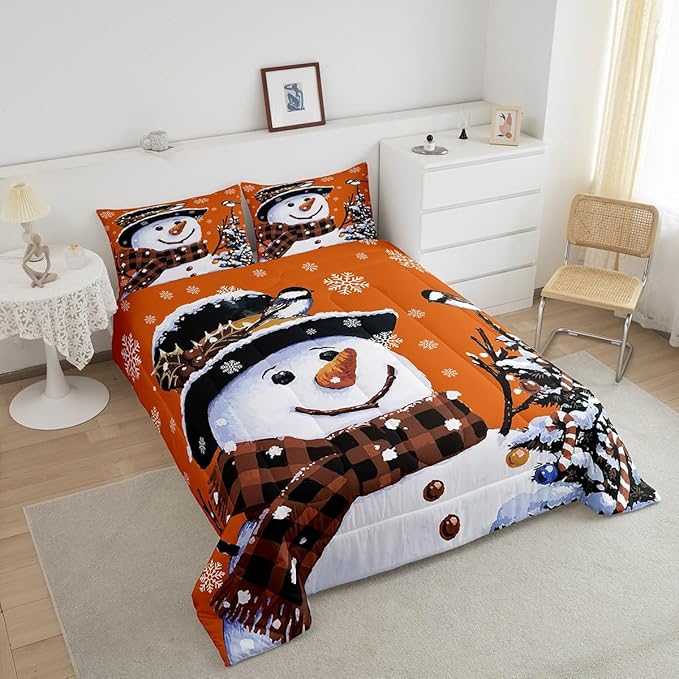 Feelyou Kids Christmas Theme Decorations Bedding Set Xmas Snowman Comforter Set for Boys Girls Snowflake Kawaii Cute Comforter Pumpkin Orange Quilt Set Bedroom Collection Toddler Size