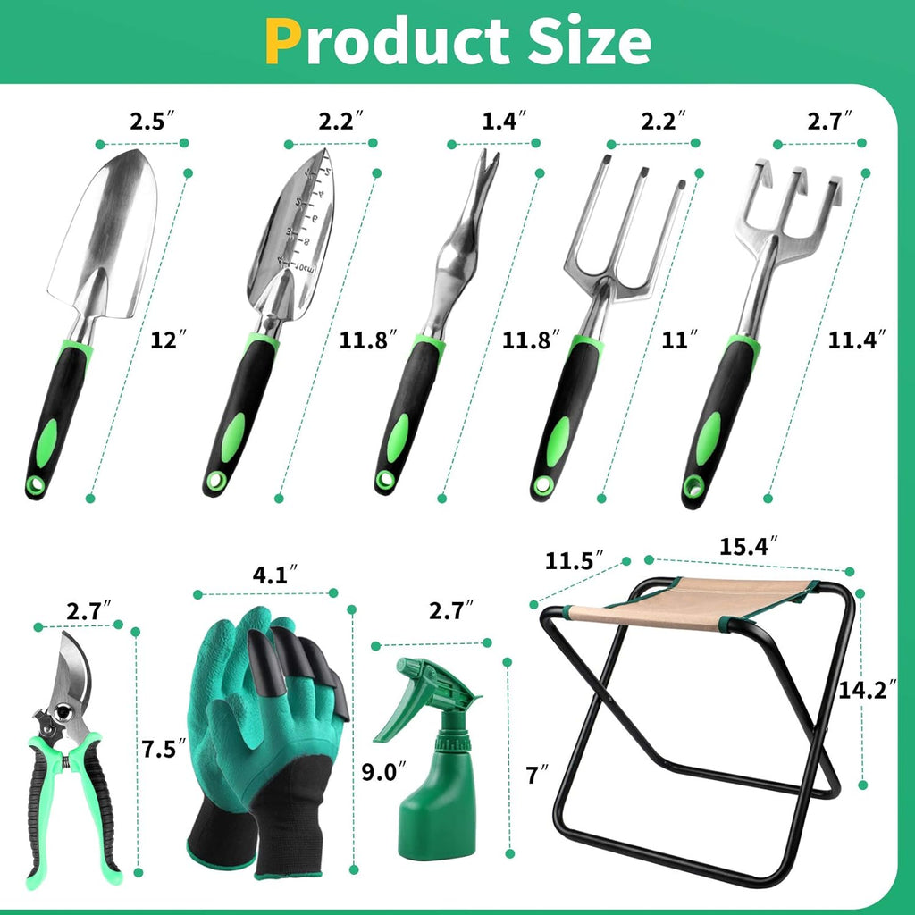 Kitness 9 PCS All-in-one Garden Tools Set Heavy Duty Cast-Aluminium Alloy Gardening Tools Kit with Folding Stool Seat&Detachable Canvas Tool Bag Great Gifts for Gardening