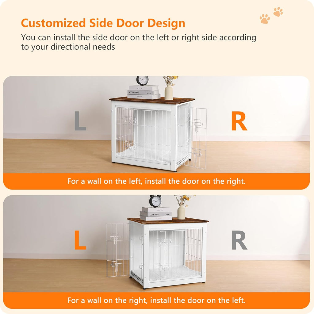 DWANTON Dog Crate Furniture with Cushion, Wooden Kennel Table with Double Doors, Indoor Dog House, Small/Medium/Large Size, 27.2" L, White+Rustic Brown