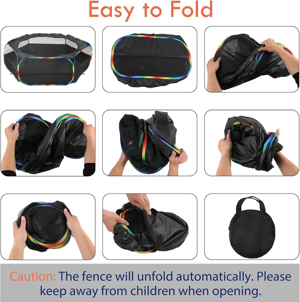 Pawaboo Small Animals Playpen, Waterproof Small Pet Cage Tent with Zippered Cover, Portable Outdoor Yard Fence with 3 Metal Rod for Chick/Kitten/Puppy/Guinea Pig/Rabbits/Hamster, Black + Rainbow
