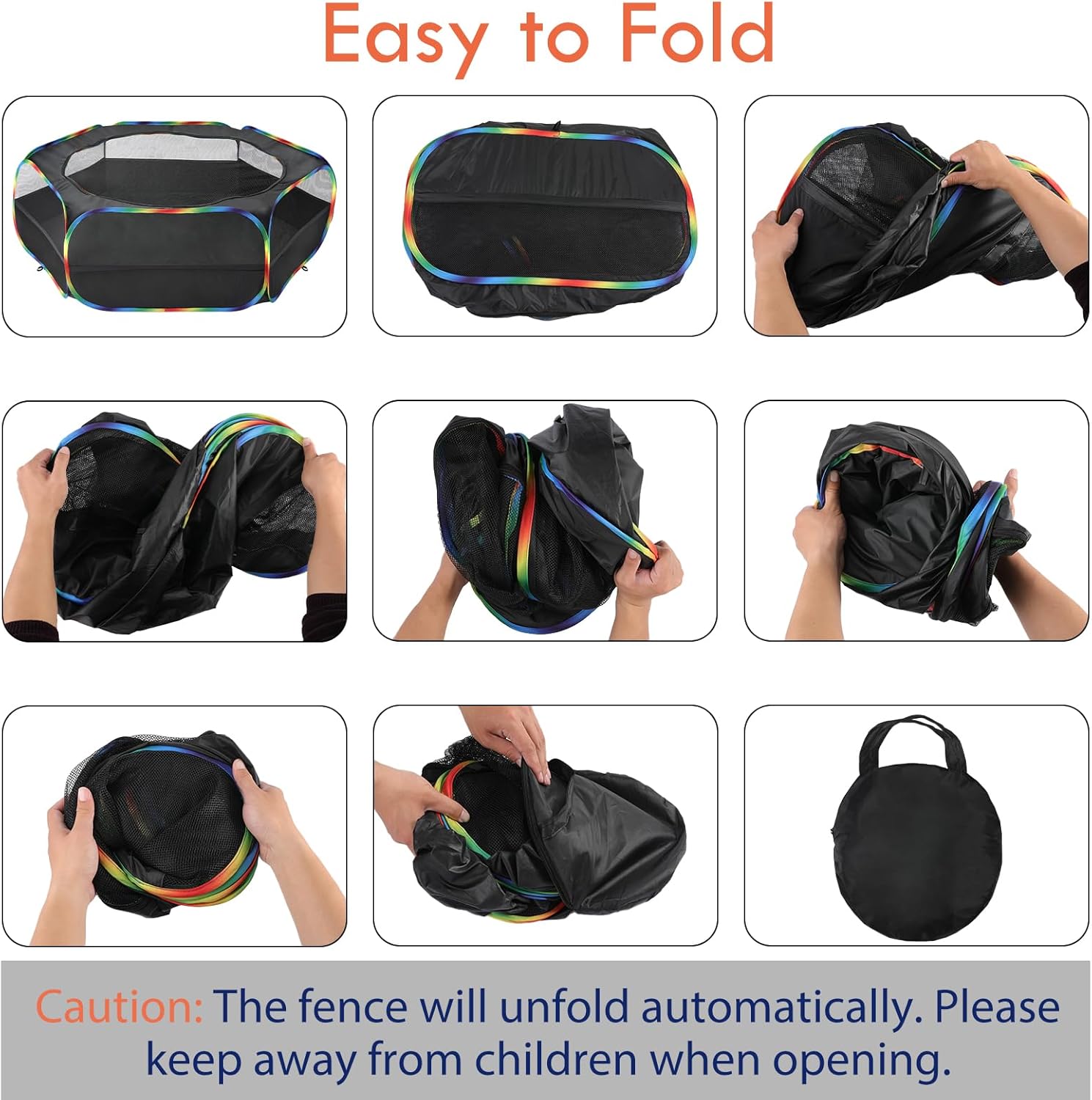 Pawaboo Small Animals Playpen, Waterproof Small Pet Cage Tent with Zippered Cover, Portable Outdoor Yard Fence with 3 Metal Rod for Chick/Kitten/Puppy/Guinea Pig/Rabbits/Hamster, Black + Rainbow