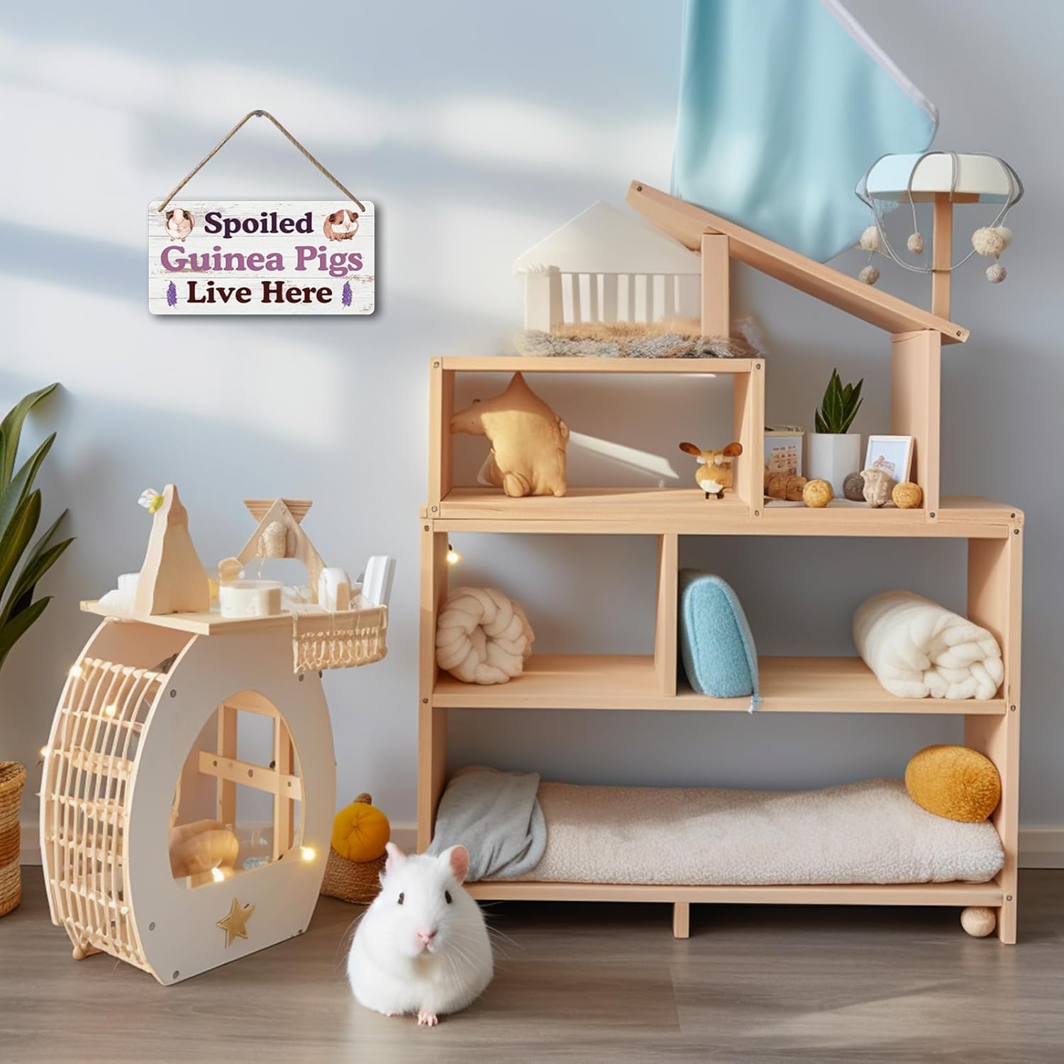 Big Hamster Ball & Guinea Pig Hideout - Stuffed Animals & Accessories for Guinea Pig Cage - 12x6 In Wooden Sign