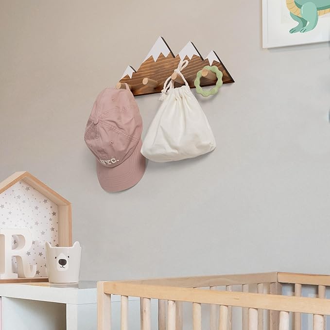 Mountain Wall Hooks - Woodland Nursery Decor - Wall Mount Organizer for Kids Coats & Towels - Ideal Adventure Mountain Decor Baby Shower Gifts - Walnut Finish