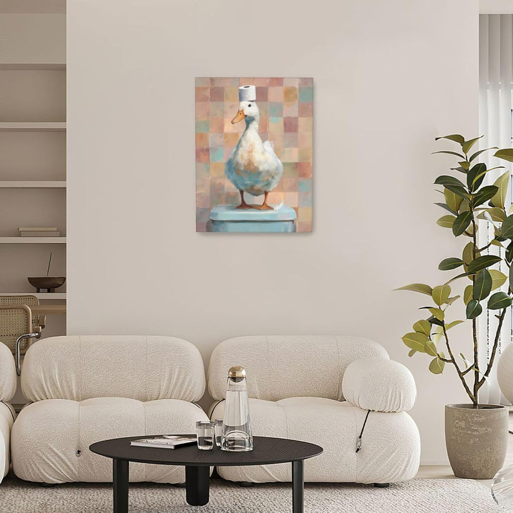 Funny Duck Bathroom Wall Art Cute Duck on Toilet Canvas Wall Decor Funny Quirky Farm Animal Pictures Painting Print Framed Artwork Decorations Gifts for Bathroom 12"x16"