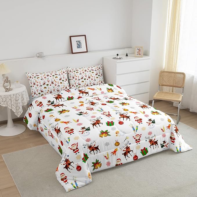 Feelyou Christmas Kids Comforter Set Cute Snowman Santa Claus Bedding Set Boys Girls Cute Reindeer Bells Cartoon Design Quilt Collection 3Pcs King Size