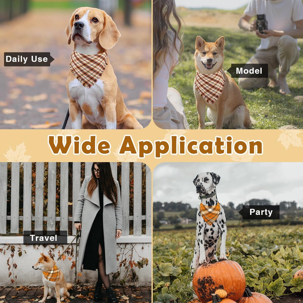 Kytely Thanksgiving Fall Dog Bandanas 2 Pack, Autumn Dog Bandana Large, Orange Plaid Pet Scarf for Boy and Girl, Holiday Halloween Reversible Triangle Bibs Accessories for Dogs Pets