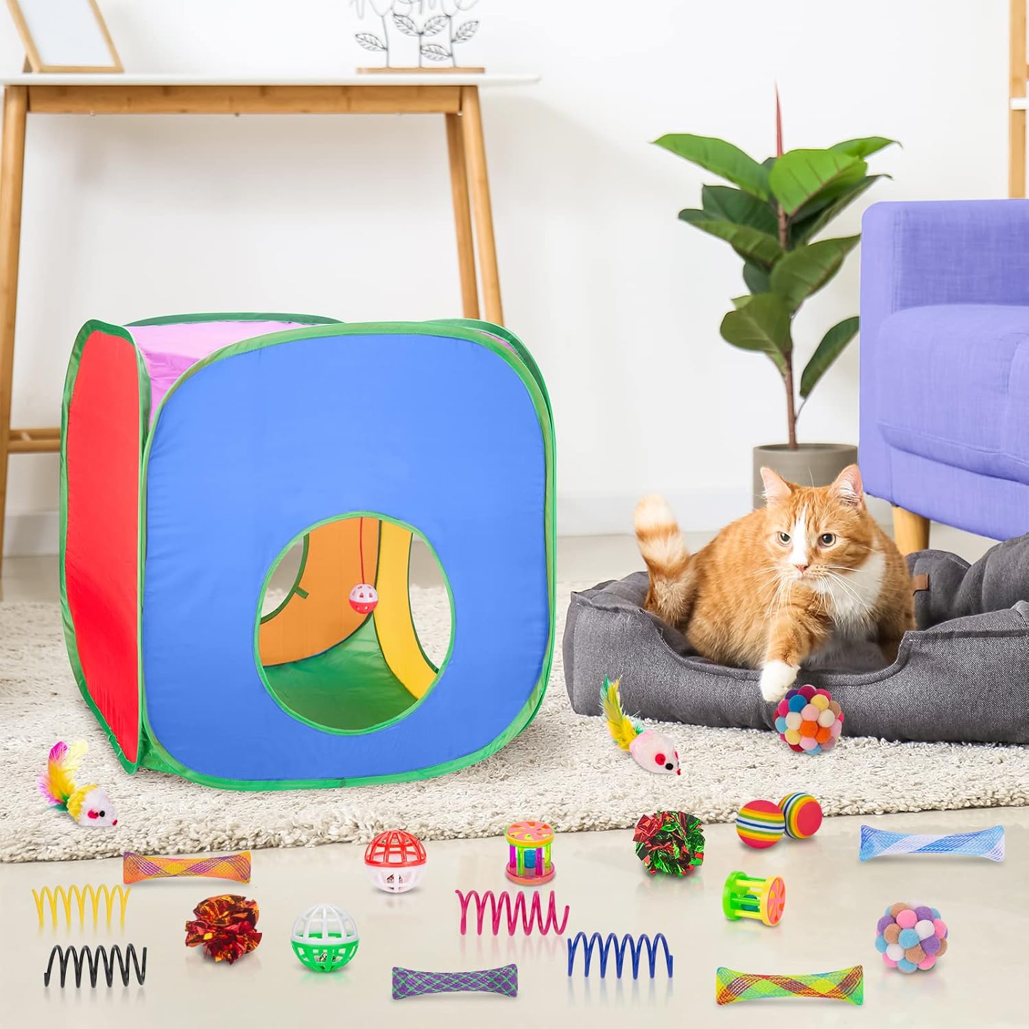 Retro Shaw 33Pcs Cat Toys for Large Cats, Interactive Kitten Toys for Indoor Cats Kitty with Collapsible Game Tunnel Tube Tent Feather Wand Teaser Bell Fuzzy Ball Springs Mouse Toys
