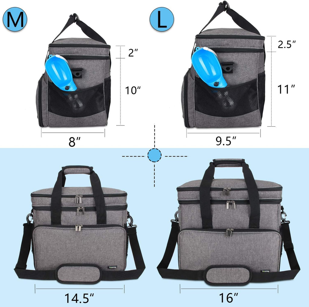 Teamoy Double Layer Dog Travel Bag, Dog Bag for Supplies with 2 Silicone Collapsible Bowls, 2 Food Carriers, 1 Water-Resistant Placemat, Pet Supplies Weekend Tote Organizer (Large, Gray)