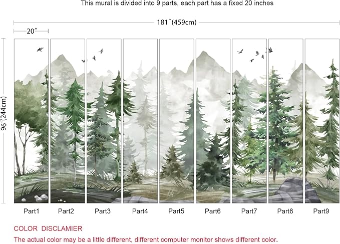 Green Forest Wall Mural Watercolor Woodland Wallpaper for Nursery Room (Not Peel n' Stick)
