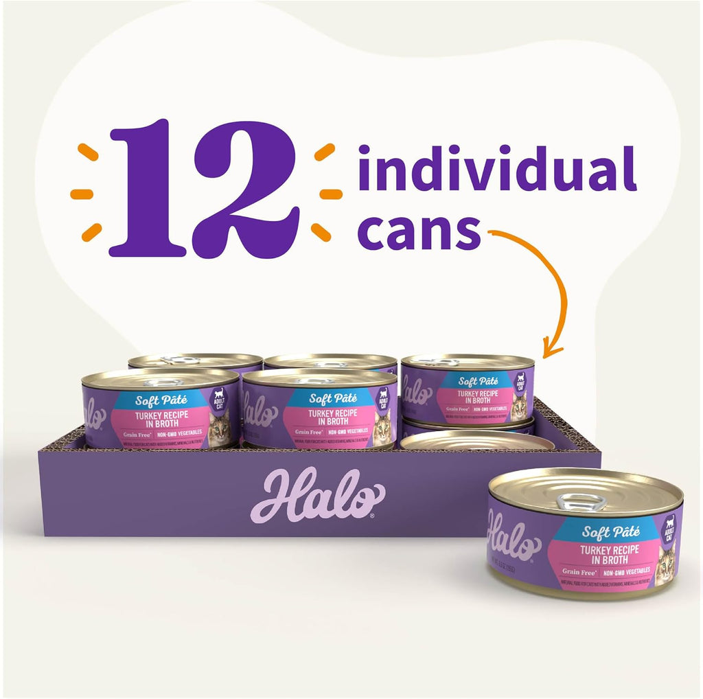 Halo Wet Cat Food Whole Turkey Stew Recipe, Grain Free Wet Cat Pate, Canned Cat Food for Extra Hydration, 5.5 Oz Can (Pack of 12)