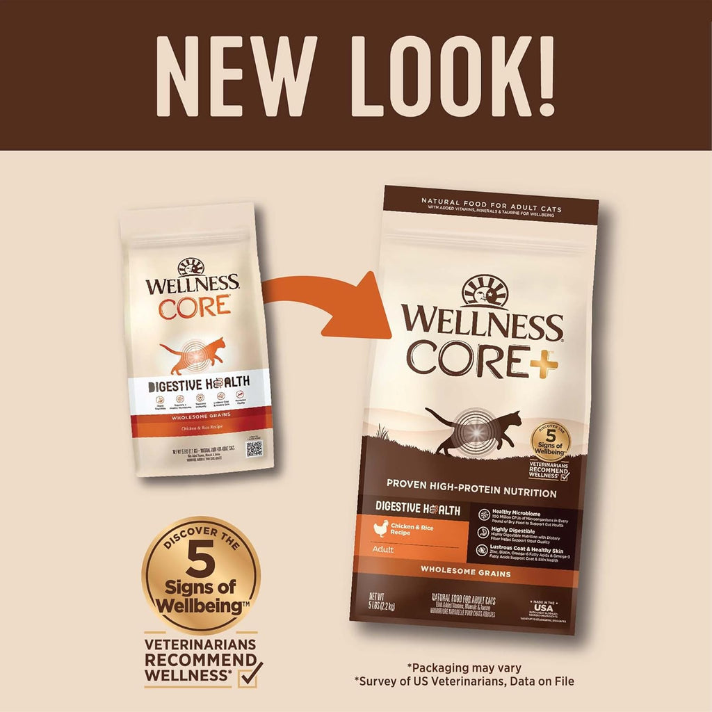 Wellness CORE+ Adult Dry Cat Food for Indoor and Outdoor Cats, Wholesome Grains, Natural, Digestive Health Chicken & Rice (5 Pound Bag)