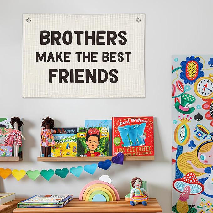 Brothers Make The Best Friends Banner, Boys Room Decor, Toddler Boy Linen Banner Wall Hanging Flag Decor for Nursery 20x30 - White