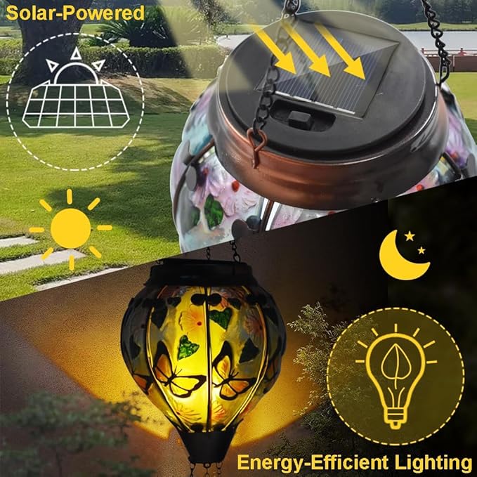Hot Air Balloon Solar Lantern, Glass Hanging Solar Lantern with Flickering Flame Lights for Outdoor Garden Decoration (Butterfly 2PC)
