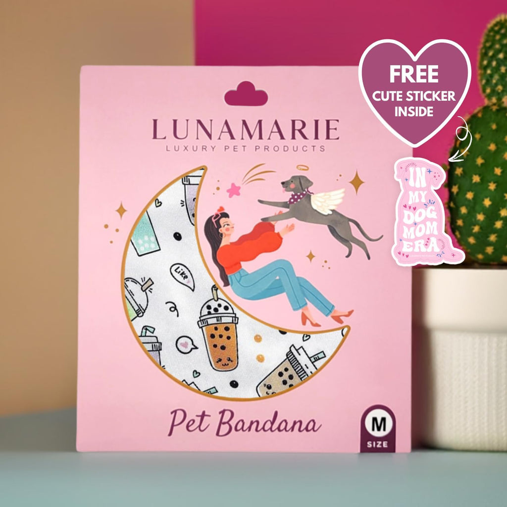 LunaMarie - Luxury Pet Birthday Bandanas -Premium & Silky Poly Fabric | 100% Handmade | Custom Shape Dual Layered (Boba, Medium)