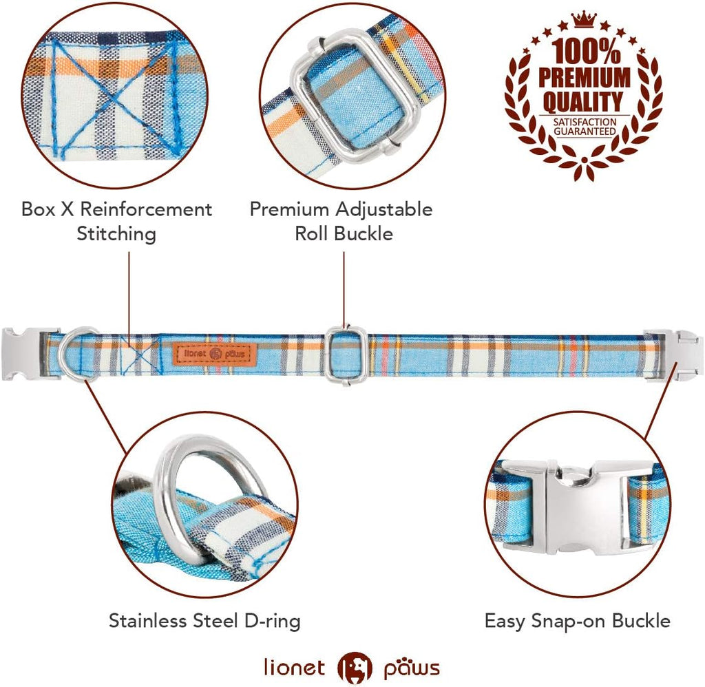 Lionet Paws Boy Dog Collar with Bowtie, Comfortable Adjustable Cute Blue Plaid Bow Tie Collar for Male Dogs Gift, Medium, Neck 13.5-22 inches