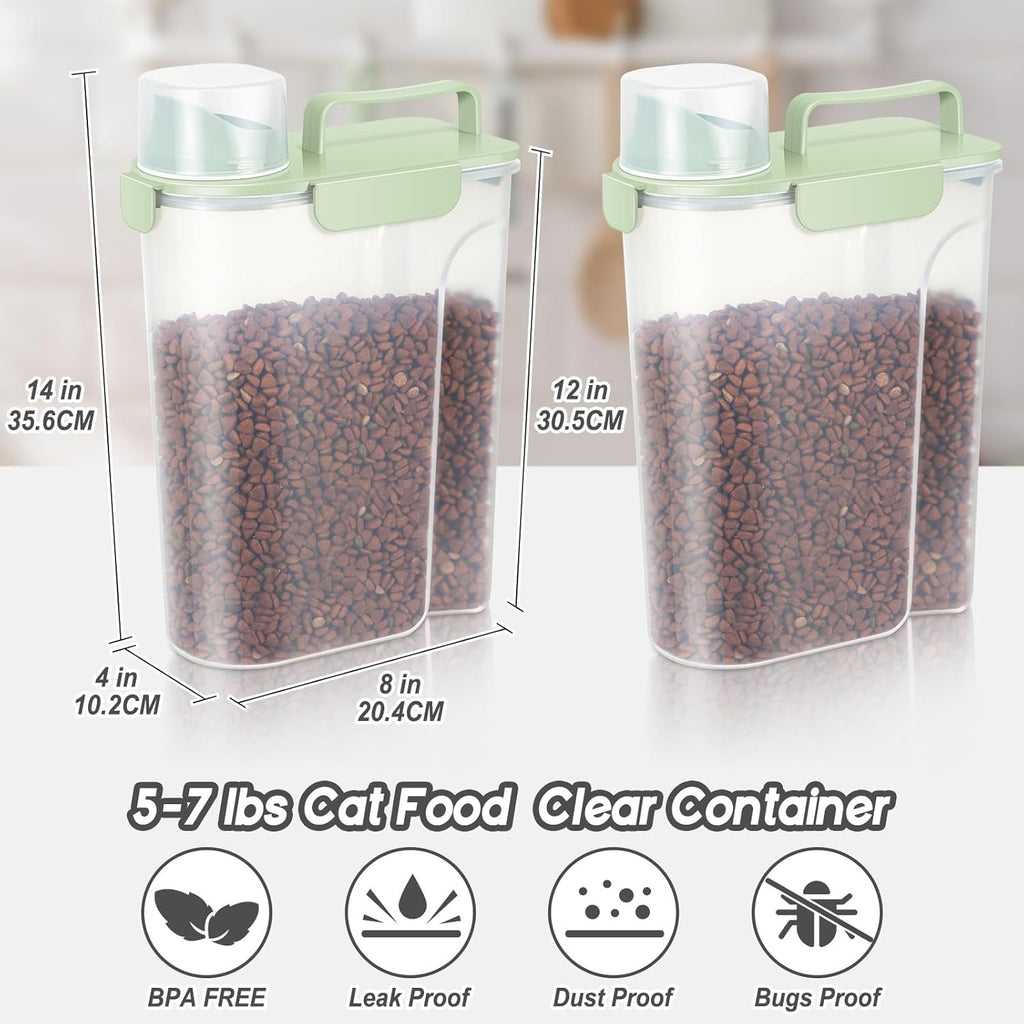 5-7Lbs Dog Cat Food Storage Container with Upgraded Large Nozzle BPA-free, 4 Snap Seals Plastic Pet Food Storage Containers with Handles (3, Light Green, 5L)
