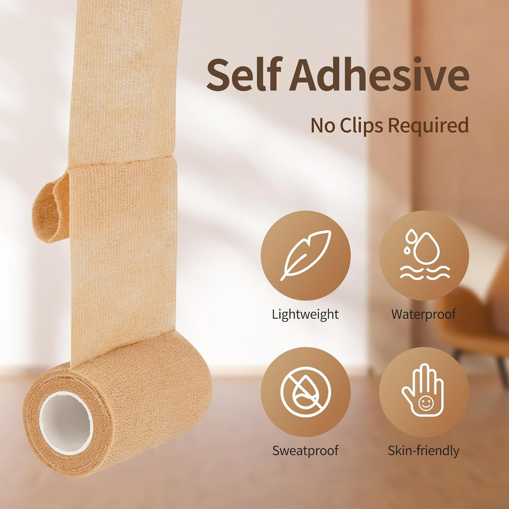 PHYTOP Self Adhesive Bandage Wrap 4 inches x 5 Yards, 12 Pack of Cohesive Tape for First Aid, Sports, Wrist and Ankle, Also for Horses & Dogs as Vet Wrap (Beige)