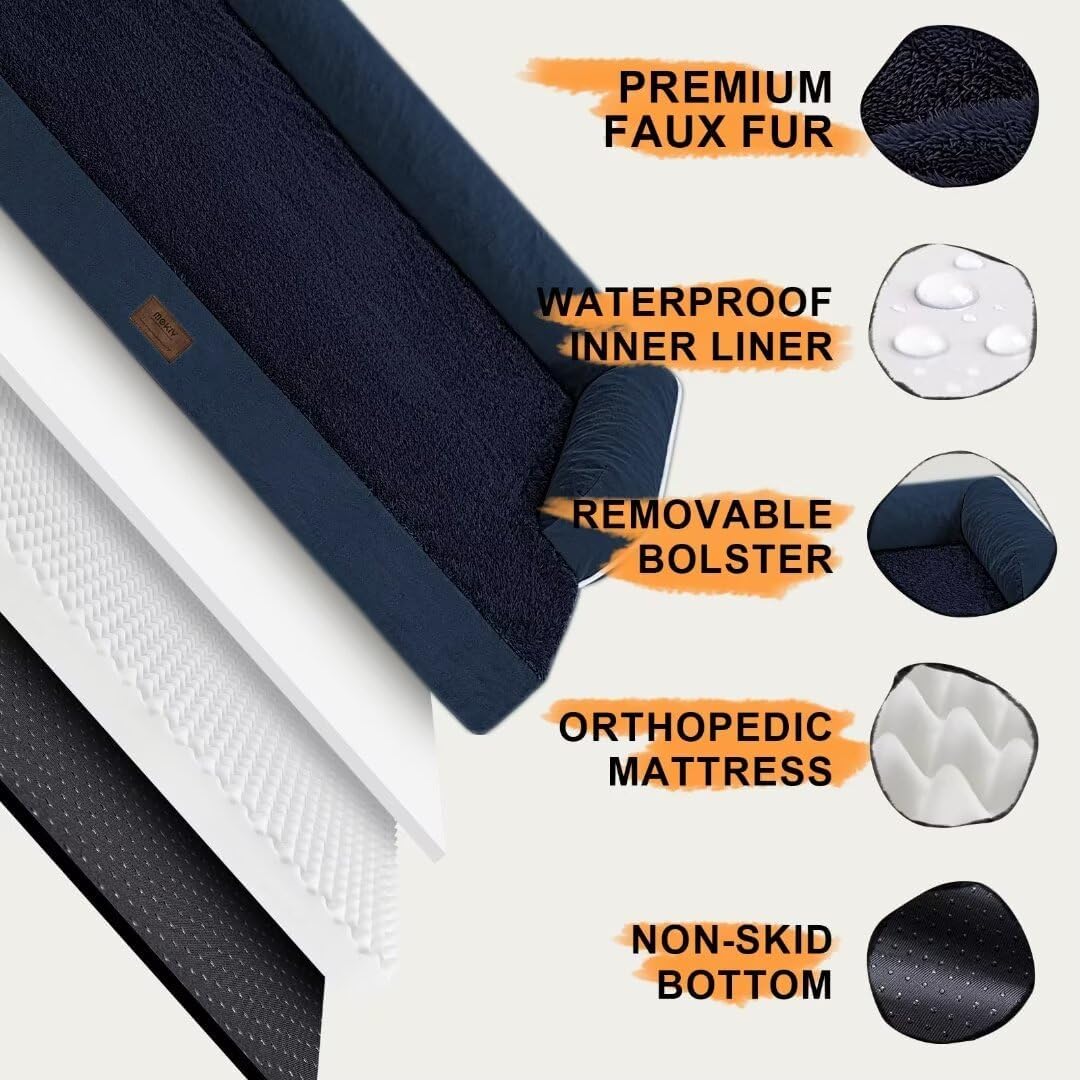 Large Dog Bed Orthopedic Washable | Beds Bolster Pet | XL Large Big Dogs | Memory Foam Couch Sofa | Waterproof with Removable Cover | Navy Blue Dog Bed