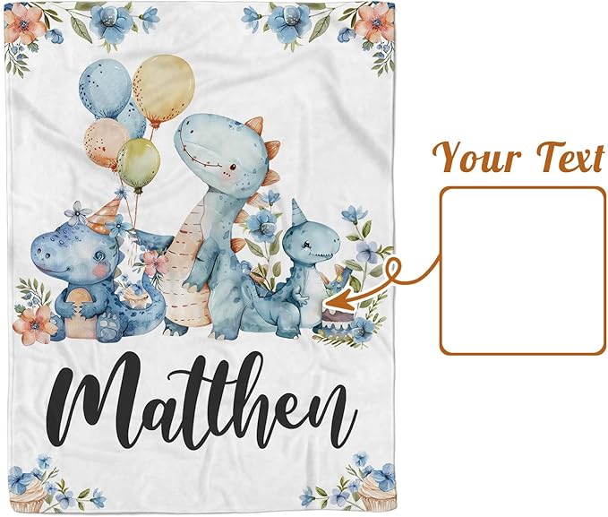 Personalized Baby Name Blanket for Boy Girl, Soft Flannel Blanket with Double Layer Dotted Backing for Infant Newborn, Nursery Crib with Dinosaur Design, Customized Gifts for New Mom(30”x40)