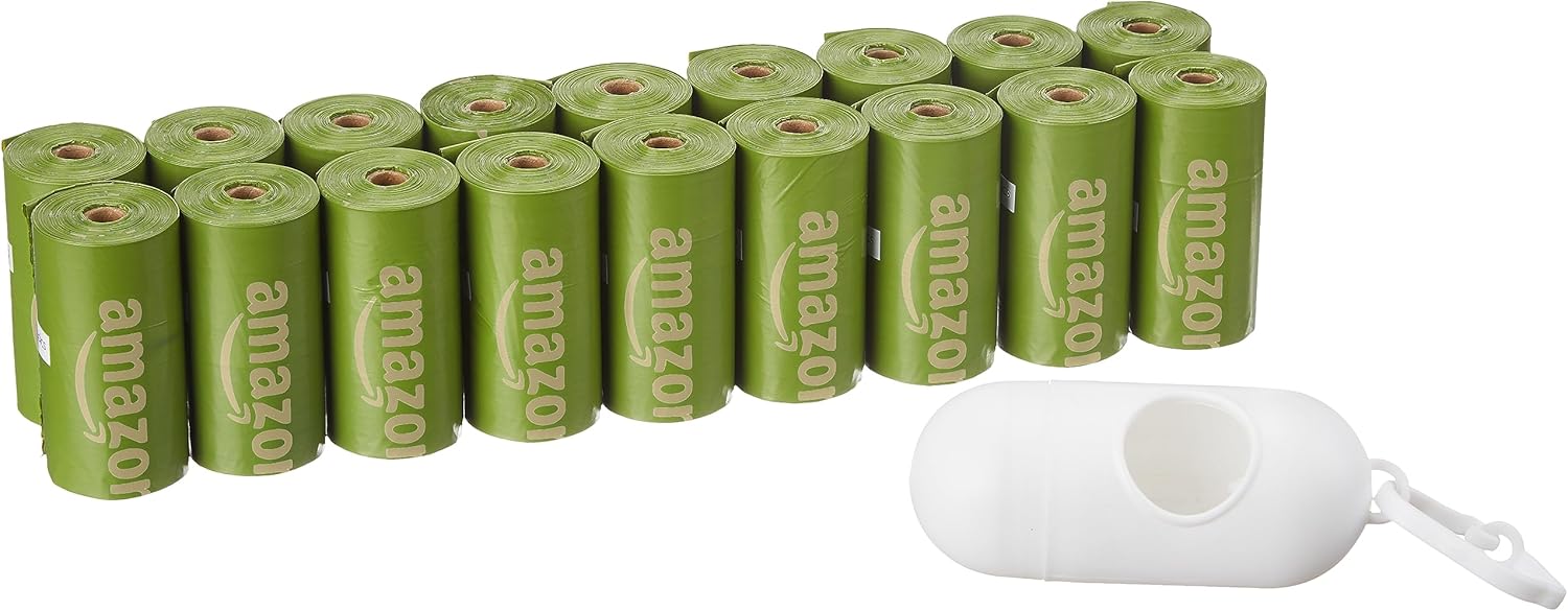 Amazon Basics Dog Poop Bags with Dispenser, 270 Count, Enhanced for Guaranteed Leakproof, Brazilian Mango Scented, Includes Leash Clip
