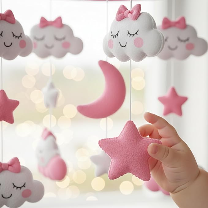 Baby Crib Mobile for Girls with Arm & Music Box | Pink Felt Clouds & Stars Design | Sensory & Soothing Nursery Decor for Baby Girls. Fits Most Cribs.