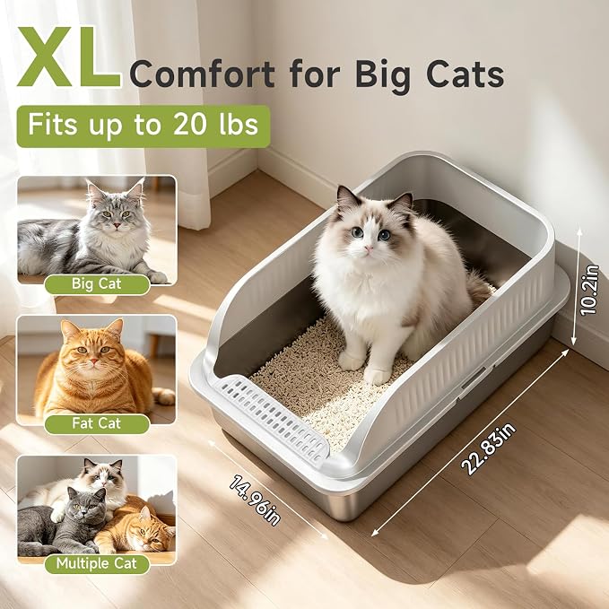 Stainless Steel Litter Box Metal High Sided Extra Large Cat Litterbox, - Image 2