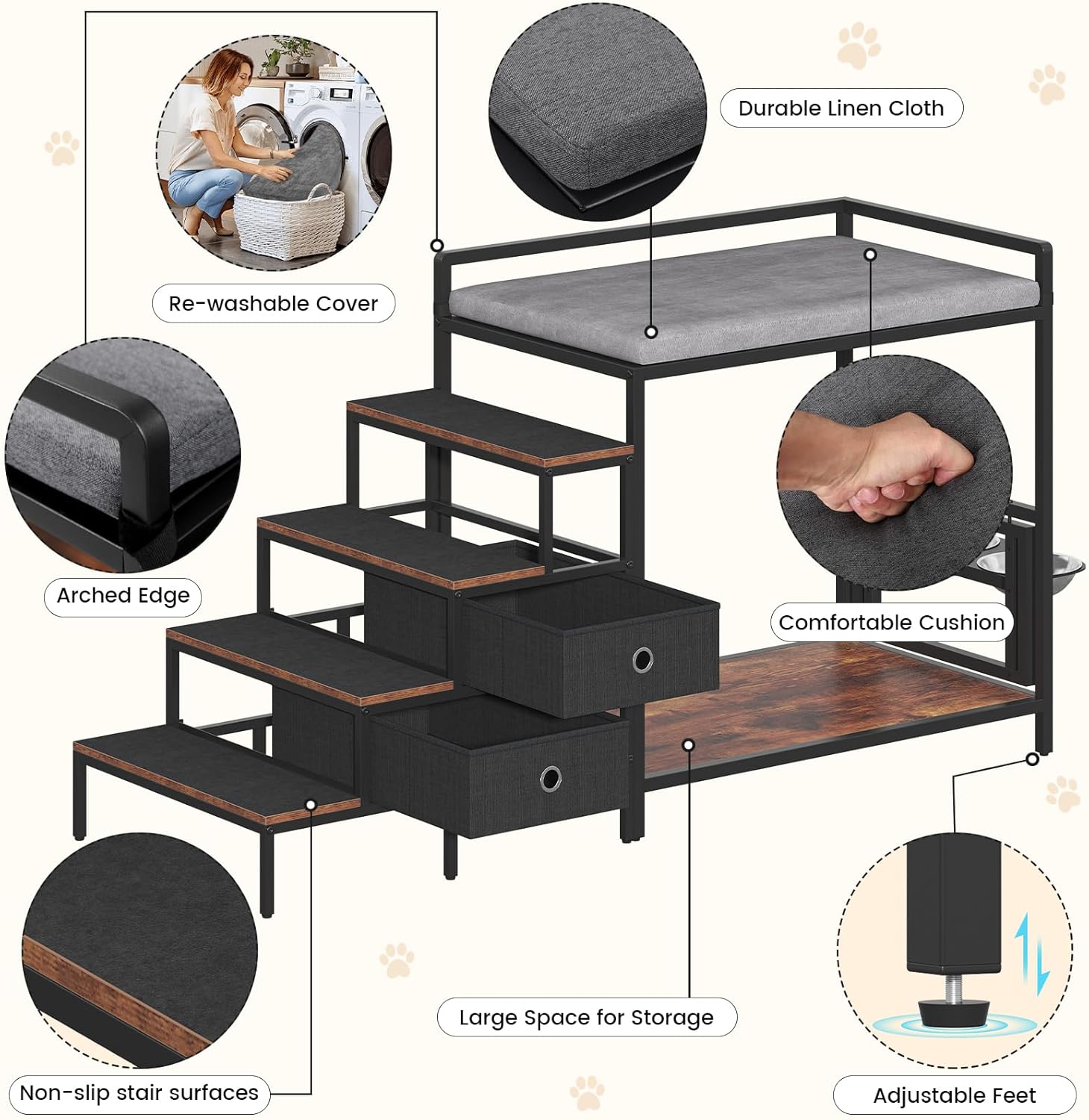 Dog Window Perch with 360° & Adjustable Raised Feeder, Pet Bunk Bed with Removable Stair and 2 Drawers, Elevated Platform Bed, Pet Elevated Seat with Cushion, Paw-Friendly Ladder