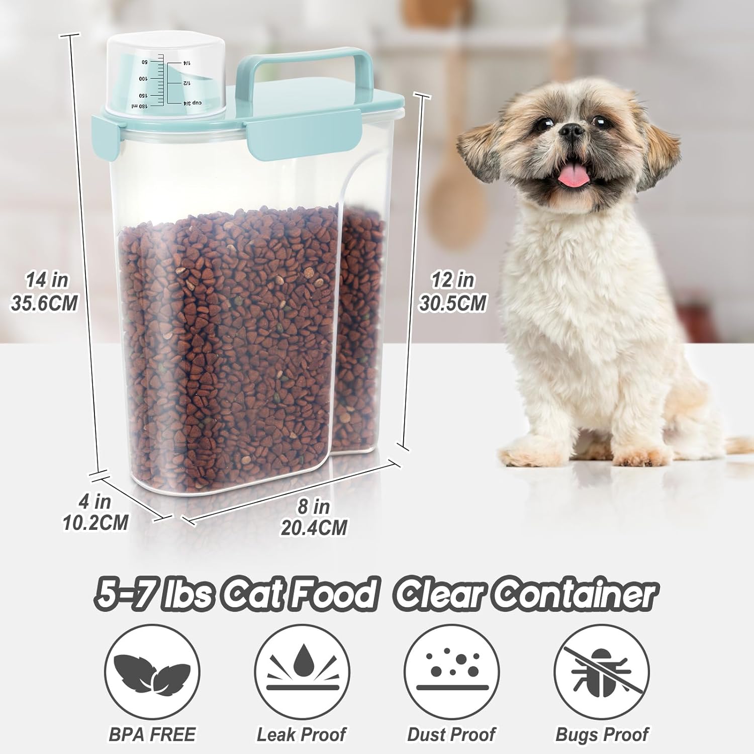 5-7Lbs Airtight Cat Dog Food Storage Container Portable with Upgraded Large Spout and Cup, Plastic Pet Dispenser for Small Animal Kibble, Bird Seed, Oatmeal, Rice, Flour, Brown Sugart-Sky Blue