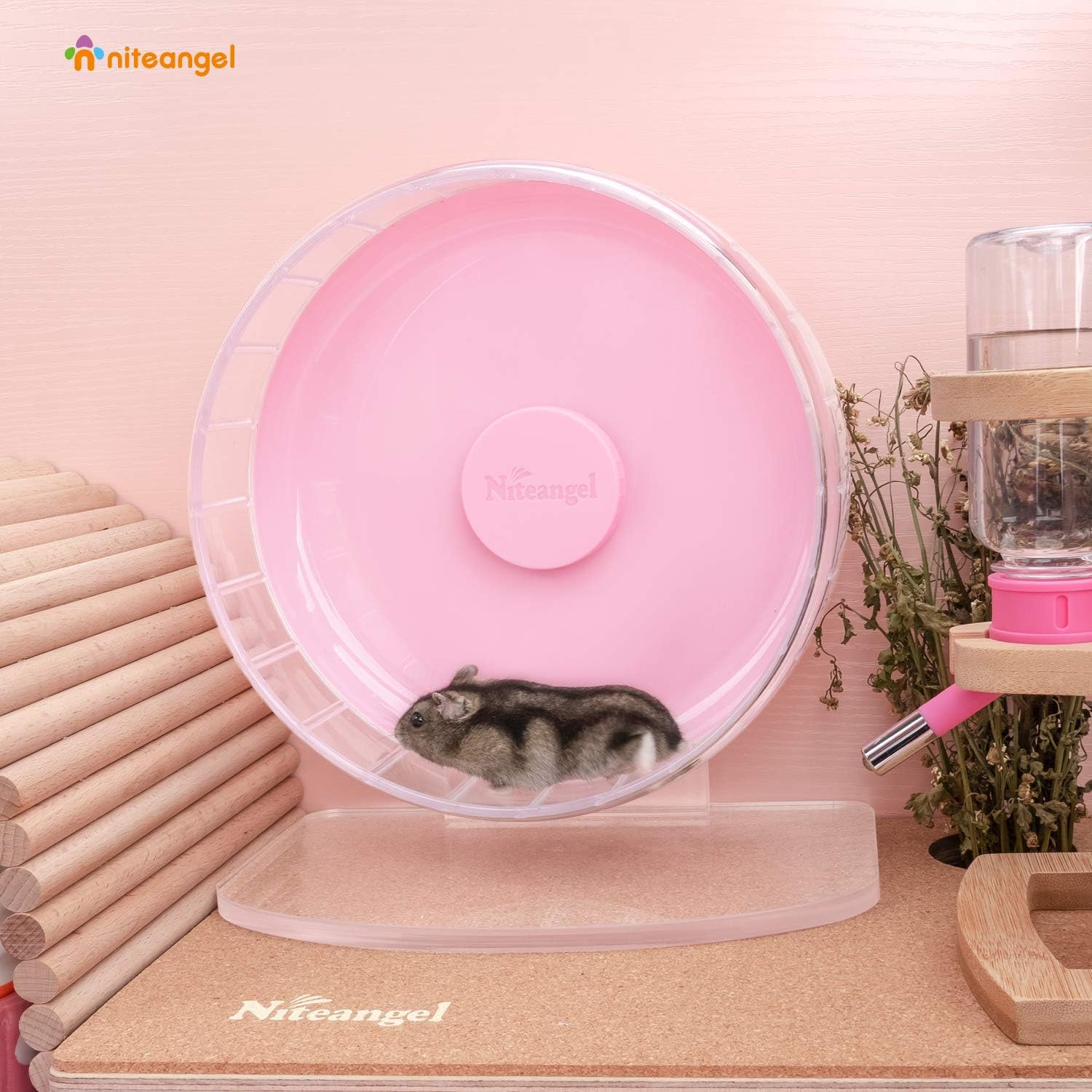 Niteangel Super-Silent Hamster Exercise Wheels: - Quiet Spinner Hamster Running Wheels with Adjustable Stand for Hamsters Gerbils Mice Or Other Small Animals (S, Pink)