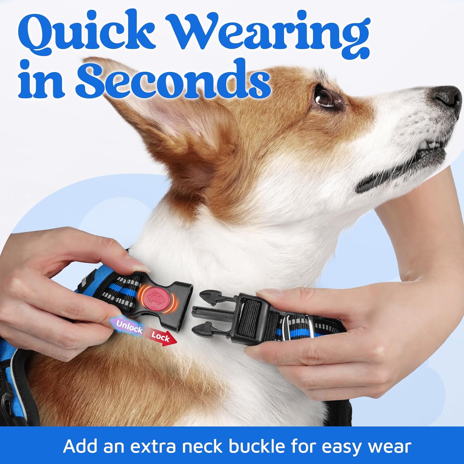rabbitgoo Dog Harness Medium Sized, No Pull Dog Vest with 3 Buckles, Adjustable Soft Padded Pet Harness with Easy Control Handle and Reflective Strips, Blue, M