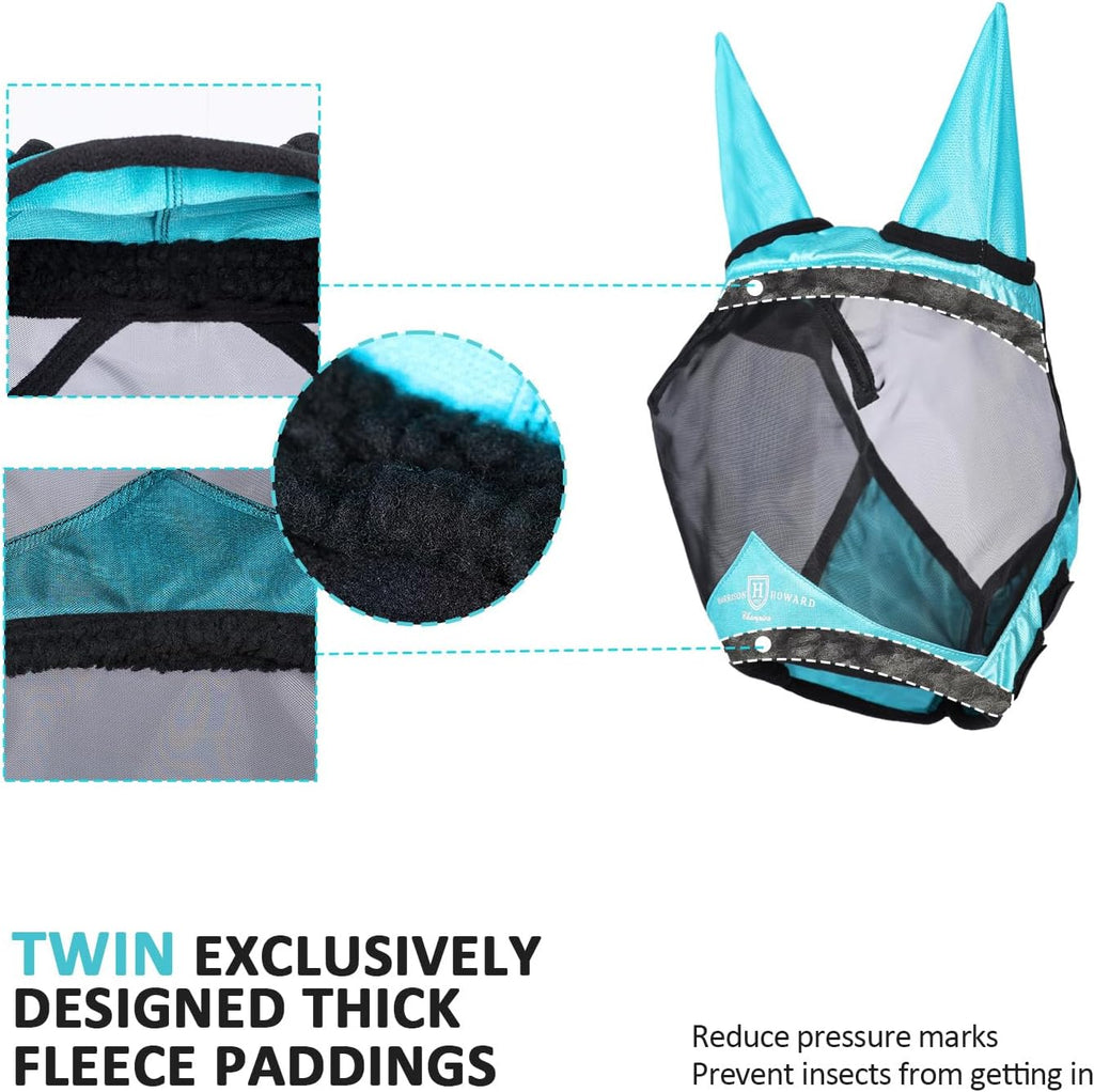 Harrison Howard Pro Luminous Horse Half Face Fly Mask Large Eye Space with Ears UV Protection for Horse Teal S