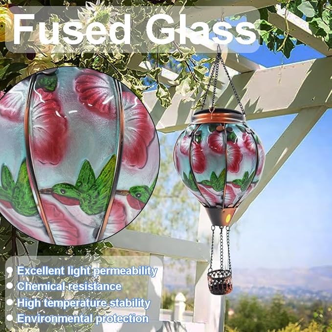 Hot Air Balloon Solar Lantern with Flickering Flame, Glass Hanging Garden Lights Outdoor Waterproof for Tree Yard Patio Mother's Day Gift, 18" H Hummingbird-Red