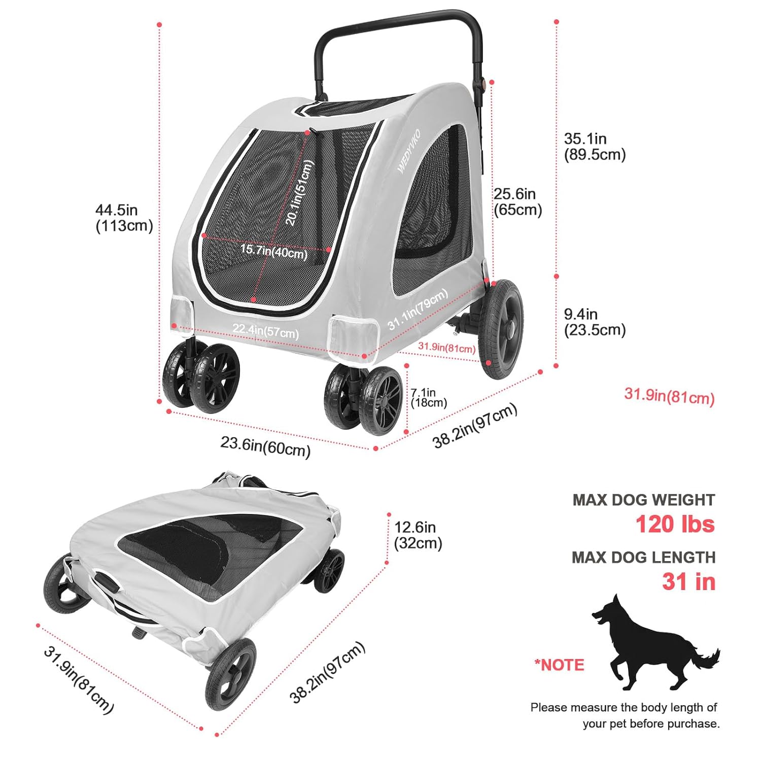 Large Dog Travel Stroller with 4 Heavy Duty Wheels Pet Stroller with Adjustable Handle - Double Doggie Capacity Jogger Wagon with Back Front Door for Small Medium Large Dogs (Grey)
