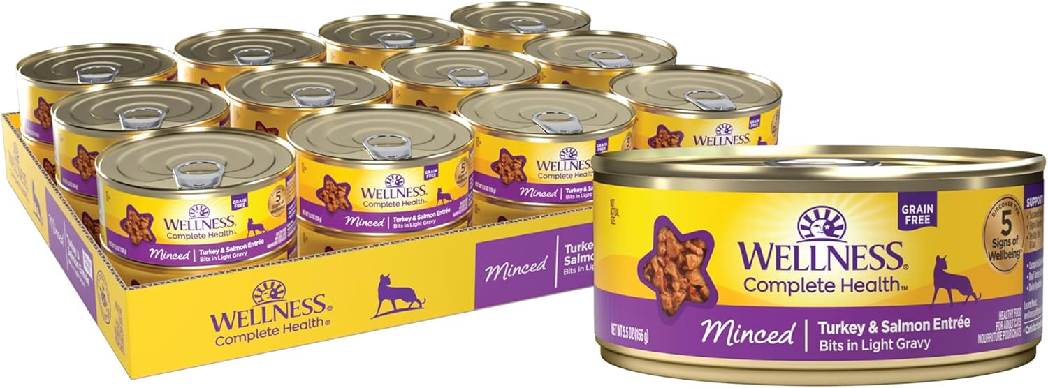 Wellness Complete Health Minced Adult Wet Cat Food, Natural, Protein-Rich, Grain Free, 5.5 Ounce, 24 Pack, (Turkey & Salmon Entrée)