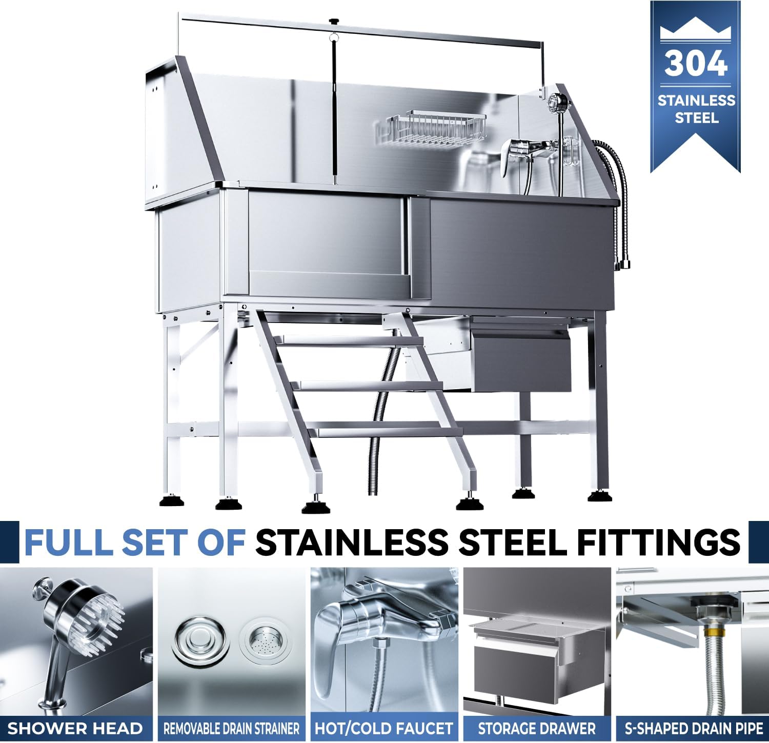 Professional 46" Dog Washing Station, Stainless Steel Dog Bathing Station, Height Adjustable Dog Wash Station, Storage Drawer, Upgrade Parts, Home, Commercial (Left Step)