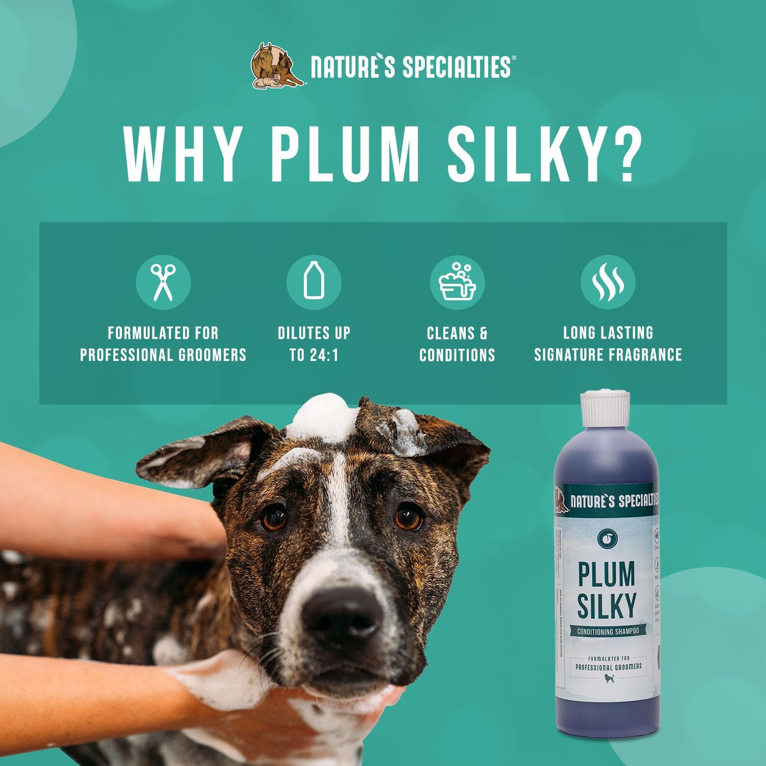 Nature's Specialties Plum Silky Ultra Concentrated Dog Shampoo Conditioner, Makes up to 3 Gallons, Natural Choice for Professional Pet Groomers, Silk Proteins, Made in USA, 16oz