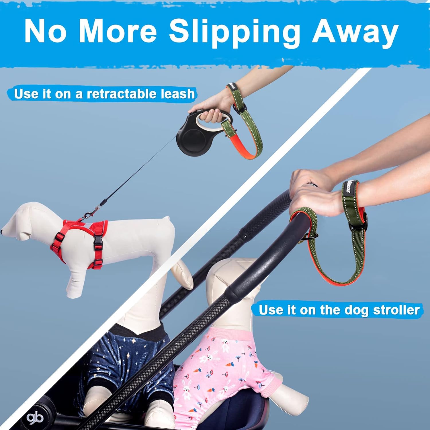 PetBonus Short Dog Leash, Safety Wrist Strap for Retractable Dog Leash, Reflective Design and Adjustable Soft Padded Handle, Extra Layer Security for Pet Stroller (Khaki Green)